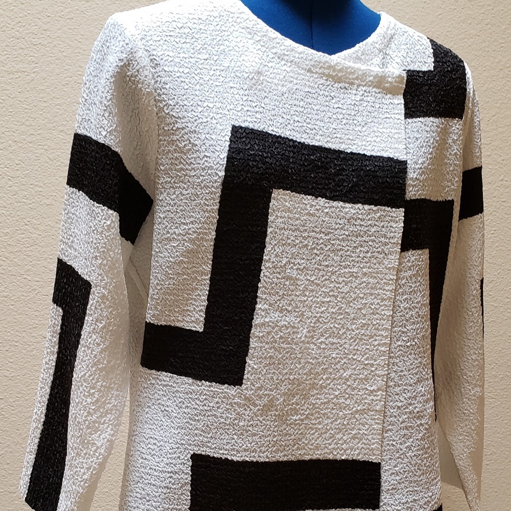 Women's Knit Berek Black & White Geometric Coat L - Picture 2 of 8
